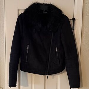 DKNY Women's Black Leather Jacket with Faux Fur Collar